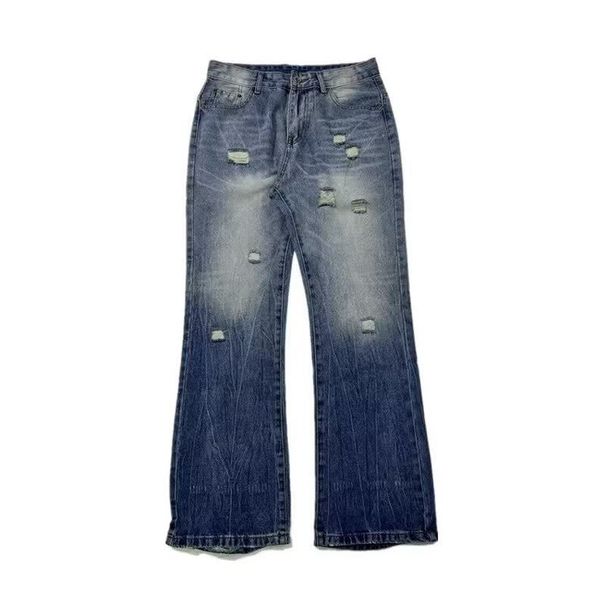 Men's Retro Distressed Denim Jeans Vintage Streetwear Baggy Straight Flared Workwear Style Blue Pants_mkmklike.com