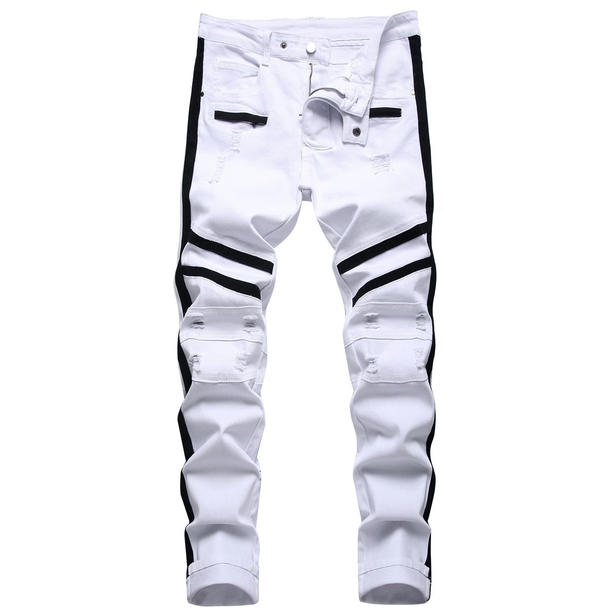Men's Slim Fit Stretch Ripped Jeans - White Distressed Denim Pants With Decorative Stripes For Casual & Streetwear Style_mkmklike.com
