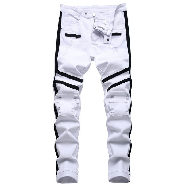 Men's Slim Fit Stretch Ripped Jeans - White Distressed Denim Pants With Decorative Stripes For Casual & Streetwear Style_mkmklike.com