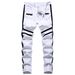 Men's Slim Fit Stretch Ripped Jeans - White Distressed Denim Pants With Decorative Stripes For Casual & Streetwear Style_mkmklike.com