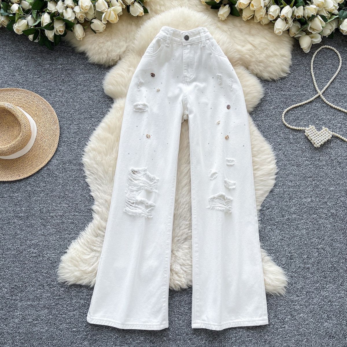 Women's Clothing Vintage White Jeans - High-Waisted Wide-Leg Distressed Denim Pants For A Retro-Chic Look (XS-2XL)_mkmklike.com