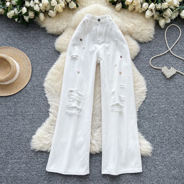 Women's Clothing Vintage White Jeans - High-Waisted Wide-Leg Distressed Denim Pants For A Retro-Chic Look (XS-2XL)_mkmklike.com