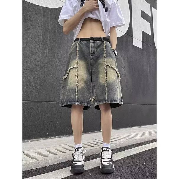 Men's Clothing Retro Old Waste Style Raw Edge Washed Denim Shorts Casual Versatile Shorts_mkmklike.com