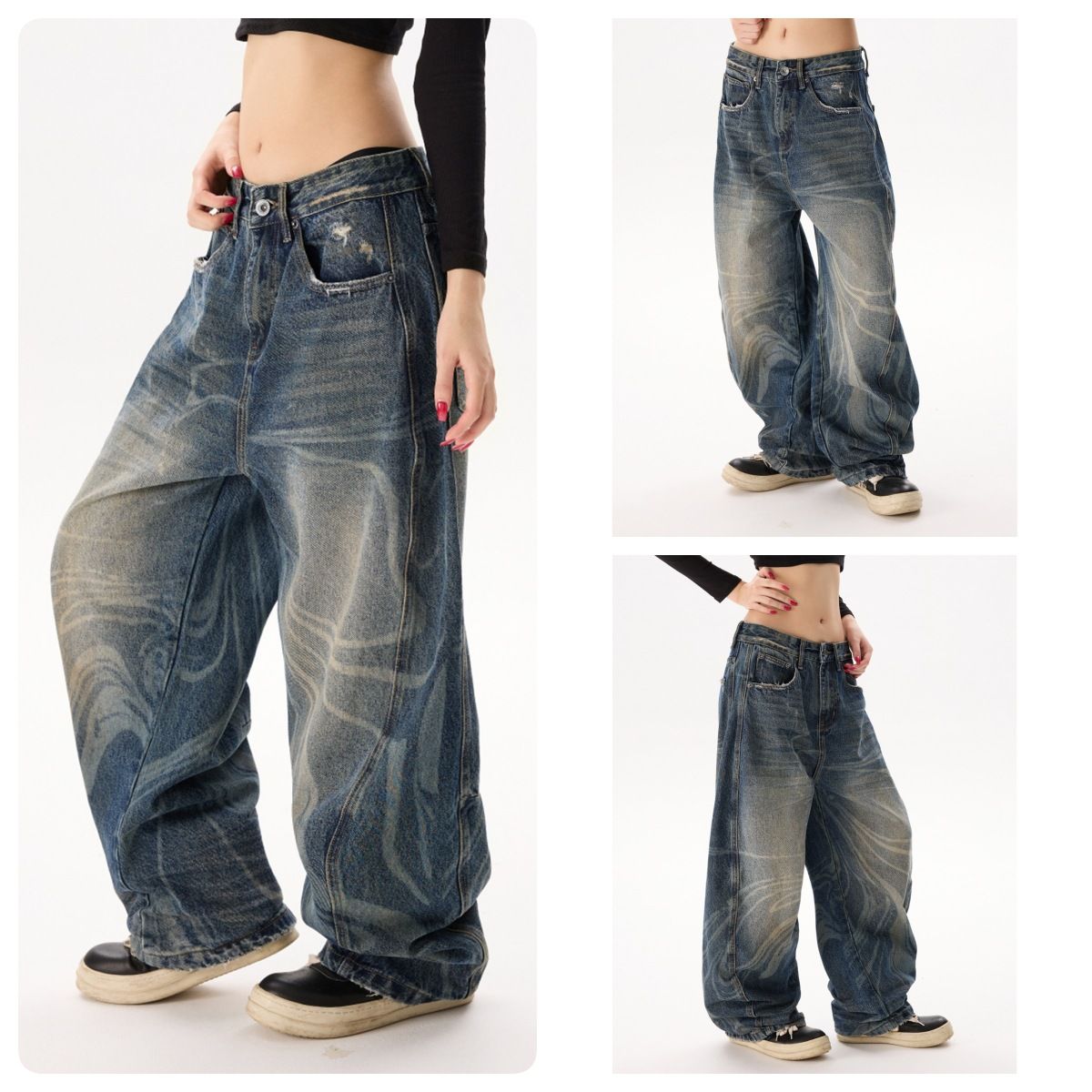 Men's Clothing American Blue Laser-Washed Wide-Leg Jeans – Vintage Distressed Denim (Unisex, Oversized, Straight Cut, No-Stretch, Underground)_mkmklike.com