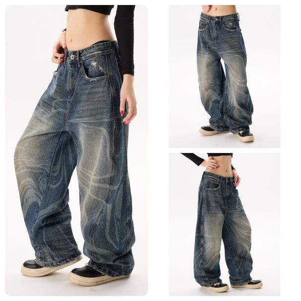 Men's Clothing American Blue Laser-Washed Wide-Leg Jeans – Vintage Distressed Denim (Unisex, Oversized, Straight Cut, No-Stretch, Underground)_mkmklike.com