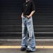 Men's High Street Vintage Distressed Washed Blue Jeans With Cat Whiskers & Frayed Hem - Slim Bootcut Stretch Denim Pants For Summer Casual Wear_mkmklike.com