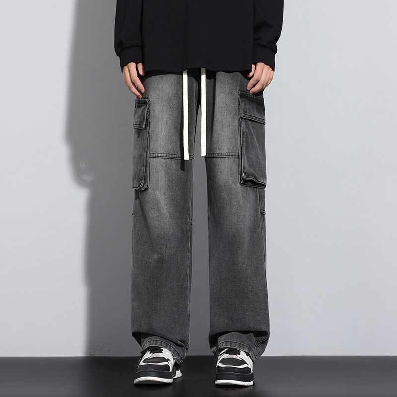 Men's Retro Trendy Workwear Casual Jeans Loose Straight Leg Elastic Waist Wide Leg Hong Kong Style Midweight Softener Machine Washable_mkmklike.com