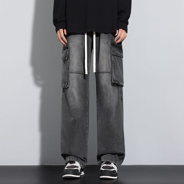 Men's Retro Trendy Workwear Casual Jeans Loose Straight Leg Elastic Waist Wide Leg Hong Kong Style Midweight Softener Machine Washable_mkmklike.com