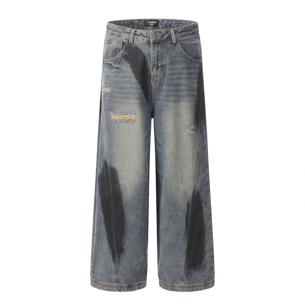 American Style Graffiti Distressed Straight-Leg Jeans For Men Loose Wide-Leg With Ink-Splattered Design Trendy Dirty_mkmklike.com