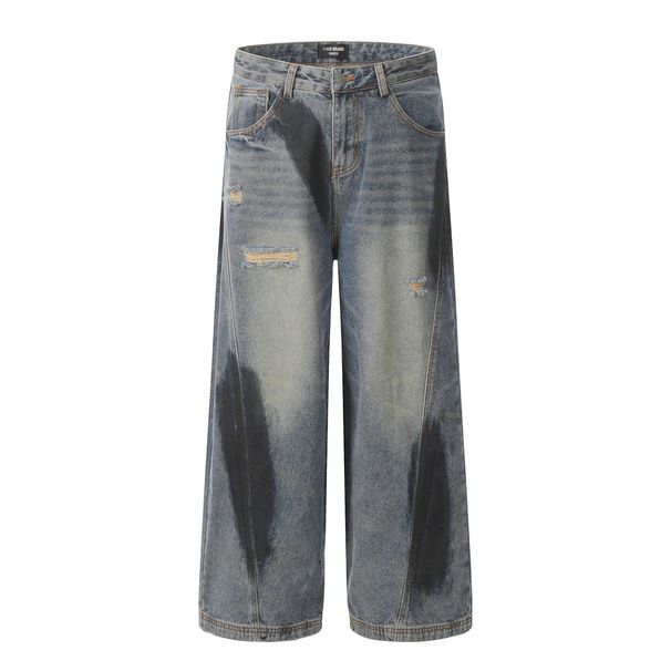 American Style Graffiti Distressed Straight-Leg Jeans For Men Loose Wide-Leg With Ink-Splattered Design Trendy Dirty_mkmklike.com