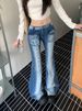 Real Shot Of Plus-size Washed Distressed Rivet Flared Jeans For Women, Low-waisted, Slim-fit, Slimming, Wide-leg Pants_mkmklike.com