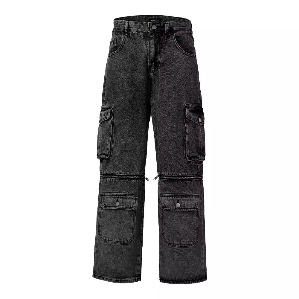 Men's Clothing High StreetStyle Multi Pocket Zipper Splicing Detachable Denim Overalls For Men And Women Trendy Loose Wide Leg Trousers_mkmklike.com