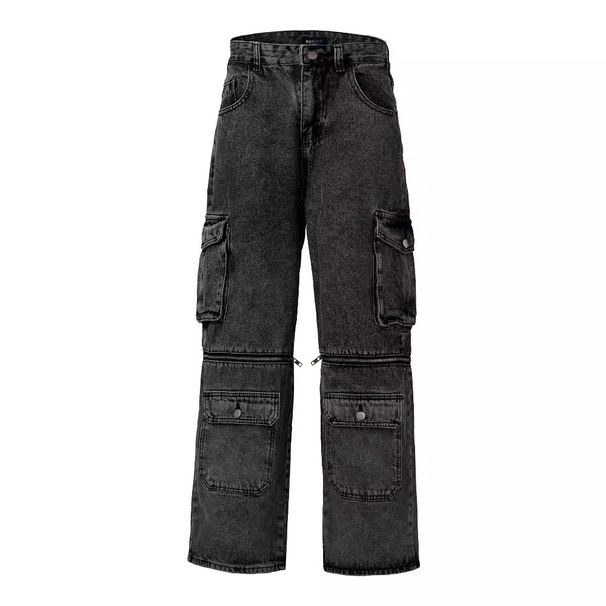 Men's Clothing High StreetStyle Multi Pocket Zipper Splicing Detachable Denim Overalls For Men And Women Trendy Loose Wide Leg Trousers_mkmklike.com