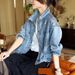 Women's Clothing Sequin Design Korean Style Casual Denim Top Denim Jacket With Rhinestone Design - Loose Fit Korean Style Casual Coat For Women_mkmklike.com