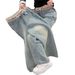 Spring Autumn 2027 Fashion European-USA Hip-Hop Jeans Women Cotton Splicing High Waist Straight Type Wide Leg Washed Denim Pants XS-3XL_mkmklike.com