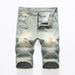 2018 New Trend Locomotive Pleated Ripped Denim Shorts Men's Pocket Zipper Straight Five-point Pants Medium Pants_mkmklike.com