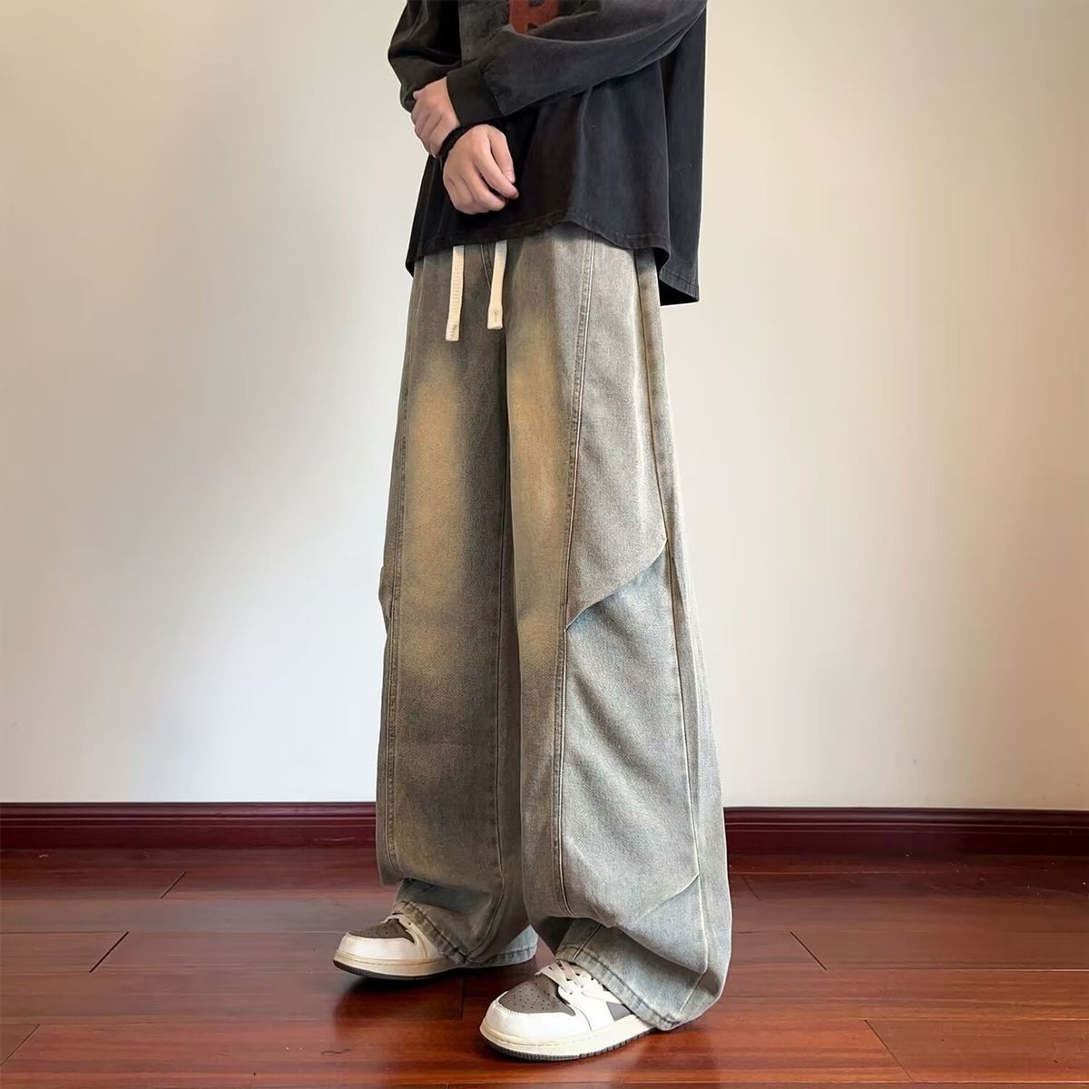 Men's Vintage Washed Denim Pants – Relaxed Fit Stretch Jeans With Adjustable Drawstring Waist (S-XXXL)_mkmklike.com