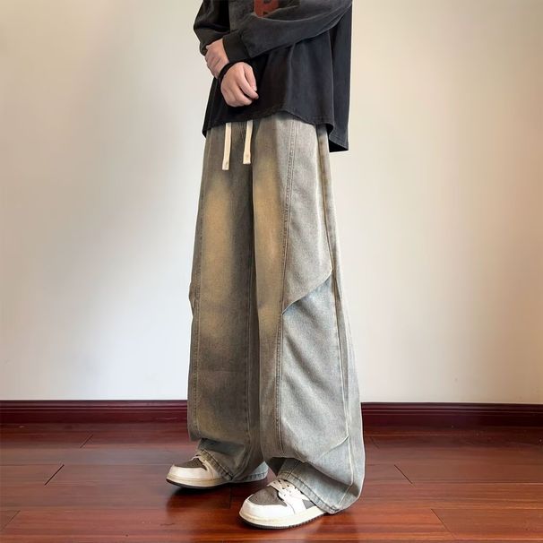 Men's Vintage Washed Denim Pants – Relaxed Fit Stretch Jeans With Adjustable Drawstring Waist (S-XXXL)_mkmklike.com