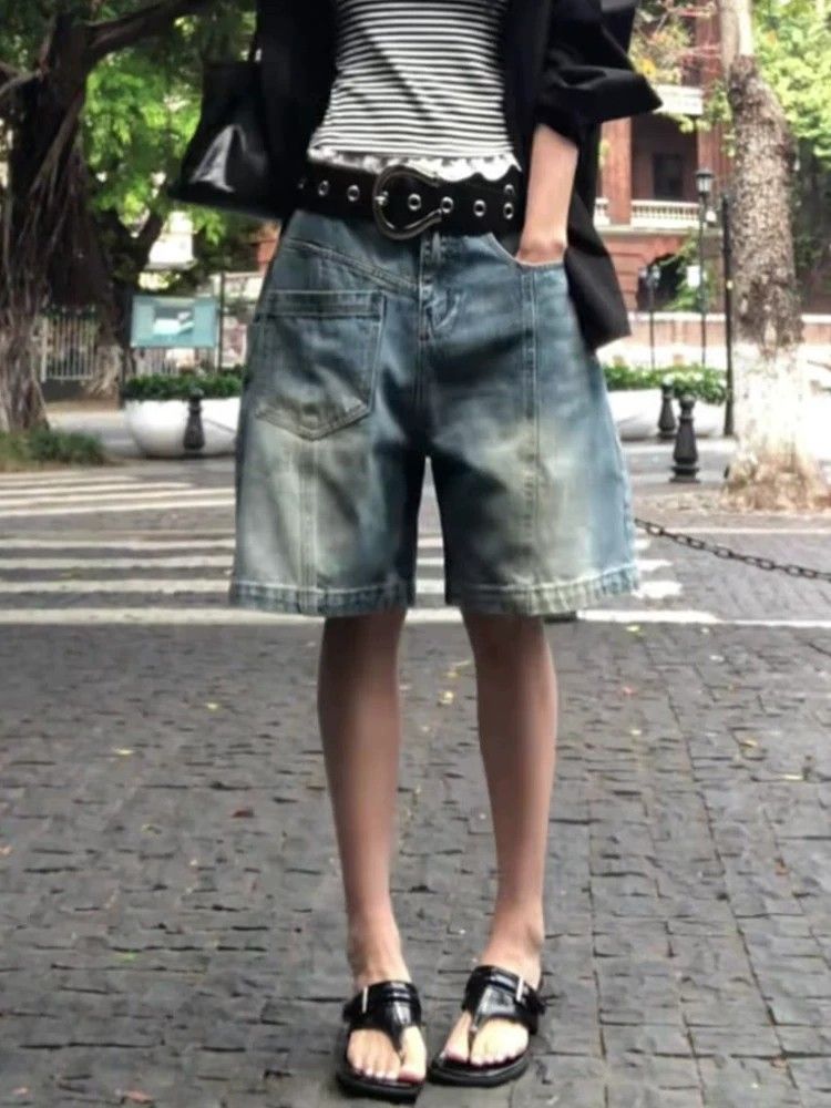 Unisex Washed Denim Shorts Casual Style Unique Pockets Summer Trendy Brand Five Point Pants_mkmklike.com