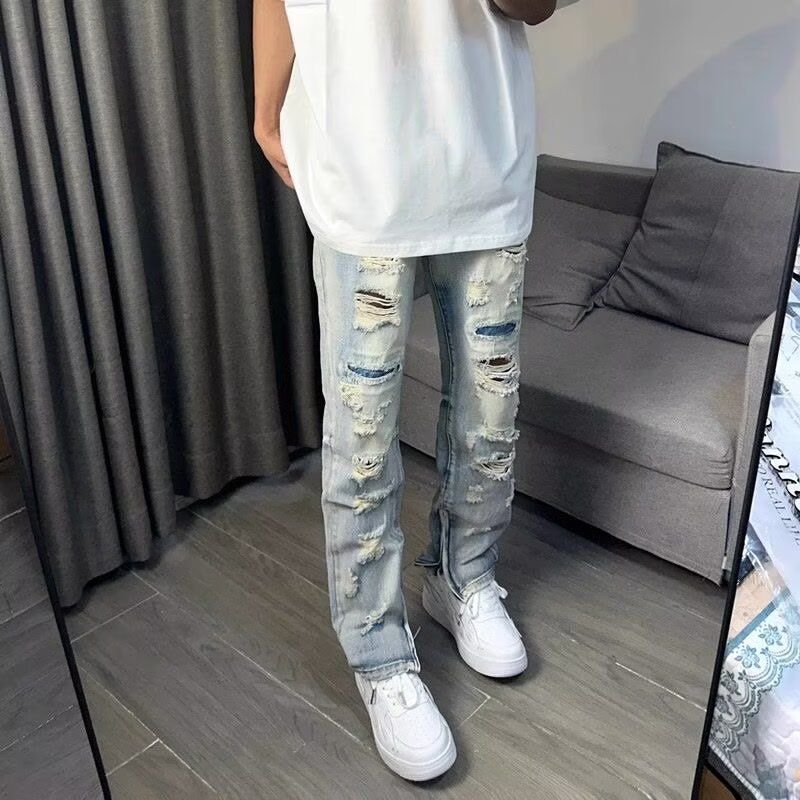 Men's Clothing Distressed Knee Ripped Jeans - High Street Casual Pants With Unique Design, Straight Leg, Mid Rise, Comfortable Cotton Denim_mkmklike.com