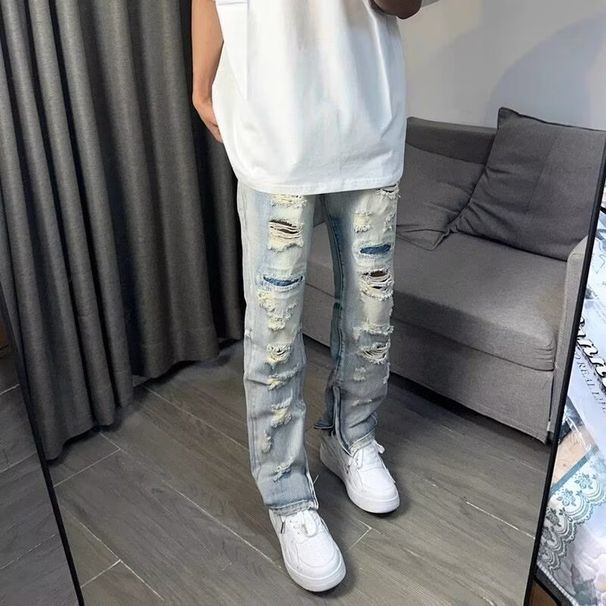 Men's Clothing Distressed Knee Ripped Jeans - High Street Casual Pants With Unique Design, Straight Leg, Mid Rise, Comfortable Cotton Denim_mkmklike.com