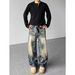 Men's Retro Street Style Embossed Washed Cleanfit Whiskered Jeans Loose Straight Leg Trousers Unisex Commuter Denim_mkmklike.com