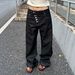 Unisex High Street Style American Retro Washed Raw Denim Black Irregular Button Jeans Straight Leg Loose Fit Trendy_mkmklike.com