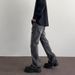 Men's And Women's Washed Water Distressed Laser Textured Pants, Unisex With Slightly Flared Holes, Black Gray Jeans,_mkmklike.com