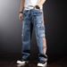 Contrasting Striped Jeans Men's Retro Loose Straight Pants American Multi-Pocket Tooling Version_mkmklike.com