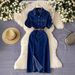 Women's Clothing Light Luxury Celebrity Style High End Polo Collar Denim Dress For Women Summer Split Waist Belt Design Niche Temperament Long Skirt_mkmklike.com