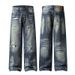 Men's Relaxed Fit Ripped Washed Jeans High Street Style Loose Straight Leg Floor Length Summer Pants_mkmklike.com