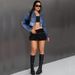 Women's Distressed Denim Jacket With Fringe Detail - Slim Fit Long Sleeve Blue Denim Shirt For Casual & Office Wear_mkmklike.com