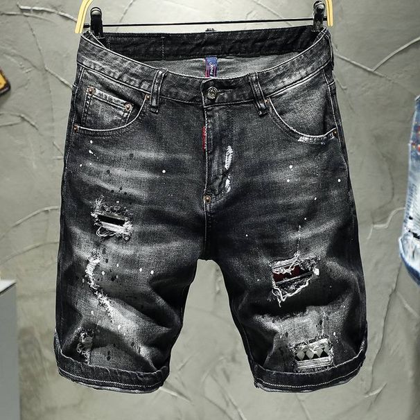 Men's Clothing 25 New Denim Shorts Cotton Elastic Black And Gray Ripped Jeans_mkmklike.com