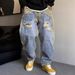 "Vintage Washed Distressed Denim Jeans Men's Hip Hop Baggy Flare Pants – High Street Retro Style, Comfort Fit, Light Green (Sizes 28-36)"_mkmklike.com