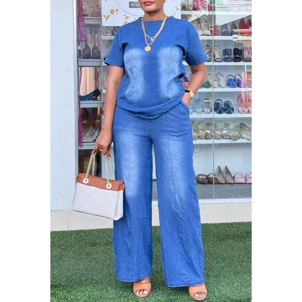 Women's Distressed Blue Denim Short Sleeve Set – Trendy Oversized Casual Two-Piece Outfit_mkmklike.com