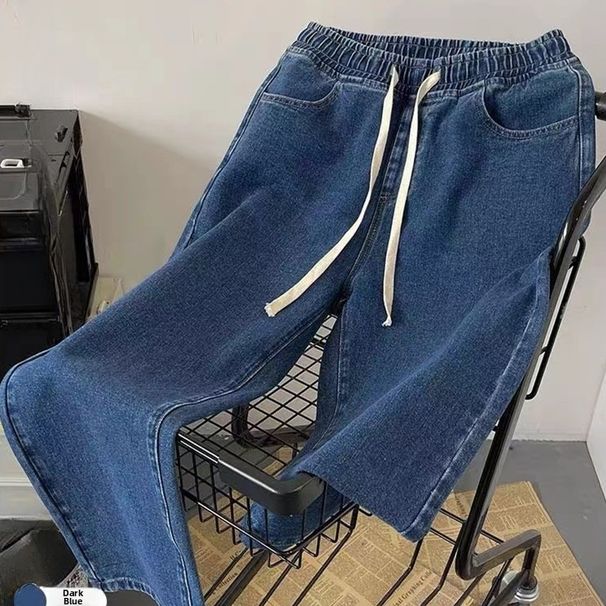 Men's Loose Straight Leg Jeans Elastic Waist Drawstring Cropped Casual Korean Style Versatile Durable_mkmklike.com