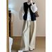 Chicco Early Autumn Full Set Outfit Korean Retro Denim Cardigan Vest For Women White Shirt + Loose Vertical Wide-Leg Pants_mkmklike.com