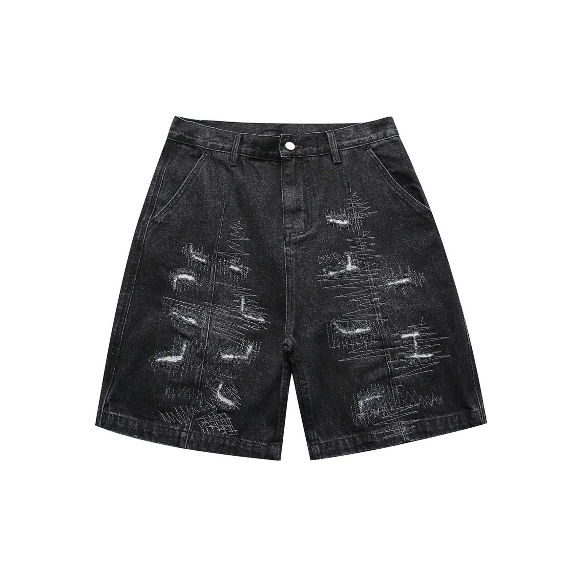 Men's Clothing Retro Street Washed Embroidery Hole Patch Loose High Street Denim Shorts Men_mkmklike.com