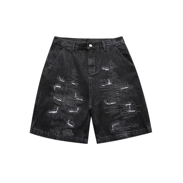Men's Clothing Retro Street Washed Embroidery Hole Patch Loose High Street Denim Shorts Men_mkmklike.com
