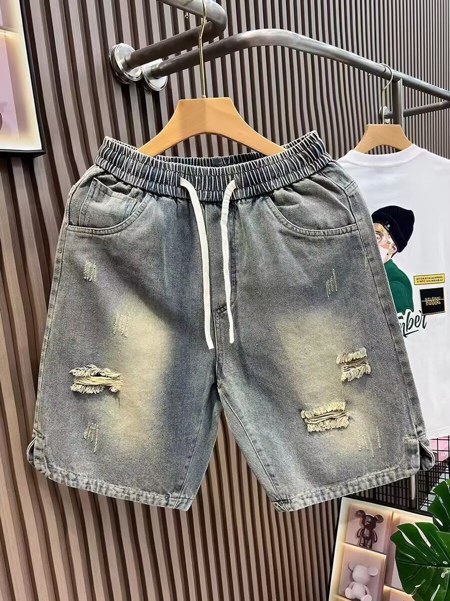 Retro Style Lightweight Denim Shorts For Men Distressed Summer Casual Loose Straight Leg Five-Pocket Design Trendy Versatile Pants_mkmklike.com