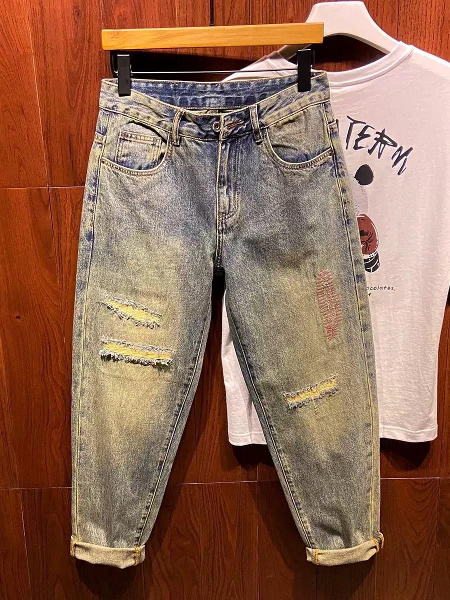 Men's Clothing Casual Jeans Trendy Nostalgic Retro Ripped Patch Seam Design Loose Tapered Harem Pants_mkmklike.com