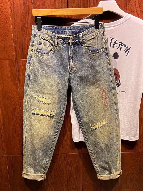 Men's Clothing Casual Jeans Trendy Nostalgic Retro Ripped Patch Seam Design Loose Tapered Harem Pants_mkmklike.com