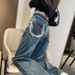 Women's Clothing High-Waisted Wide Leg Jeans Color-Block Pockets Loose Fitting Straight Leg Frayed Edges Petite Floor-Length Design_mkmklike.com