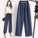 Real Shot Of Loose High-waisted Dark Wash Straight-leg Spring Women's Elastic Waist Plus-size Long Pants, Wide-leg_mkmklike.com