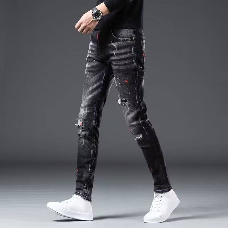 Men's Clothing Autumn Style Slim Fit Skinny Jeans Black Gray Trendy Ripped Painted High End Casual Long Trousers For Men_mkmklike.com