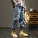 Men's Elastic Waist Drawstring Jeans Loose Fit Autumn Winter Style Trendy Versatile Jogger Knee Casual Harem Pants_mkmklike.com