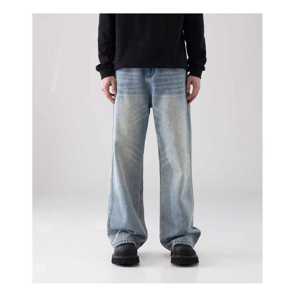 "Men's Relaxed Fit Wide Leg Jeans – Vintage Straight Cut Denim Pants With Distressed Wash (90s Retro Streetwear, High Waist Oversized Fit)"_mkmklike.com
