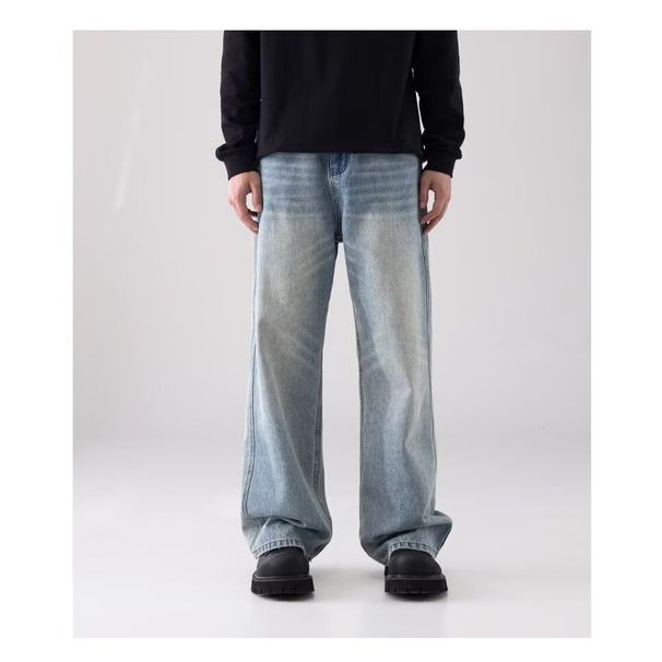 "Men's Relaxed Fit Wide Leg Jeans – Vintage Straight Cut Denim Pants With Distressed Wash (90s Retro Streetwear, High Waist Oversized Fit)"_mkmklike.com