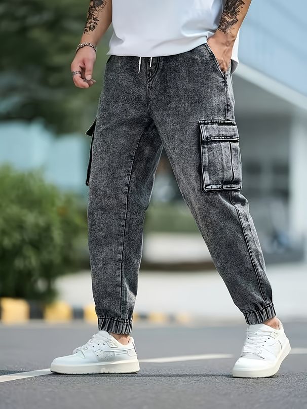 American Multi-pocket European And American Cargo Jeans Men's Wide-leg Loose Plus Size_mkmklike.com