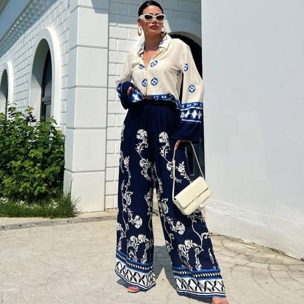 Women's clothing fashion positioning printed loose long-sleeved tops wide-leg pants two-piece set_mkmklike.com